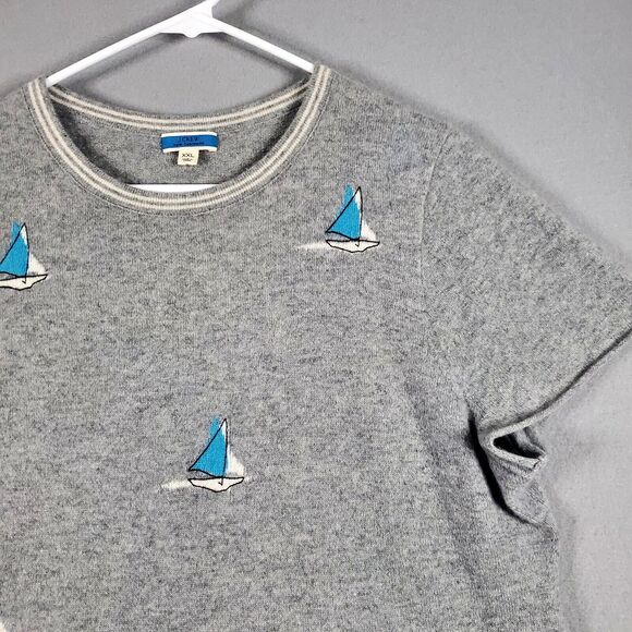 J Crew Sweater 100% Cashmere Grey Monaco Blue Sailboats SS - Picture 2 of 10